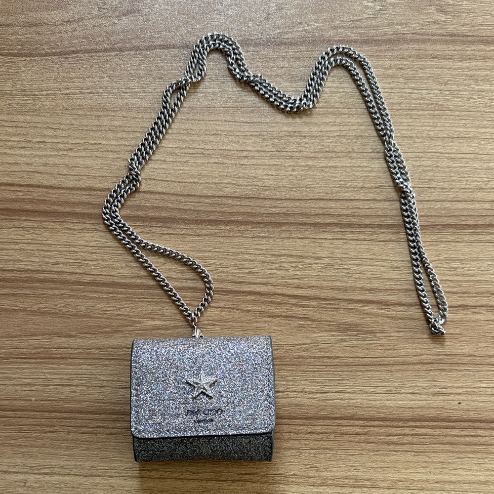 Jimmy Choo Silver Glitter airpods case necklace